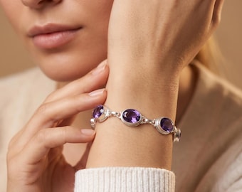 Iolite Silver Bracelet, 925 Sterling Silver Gemstone Jewelry, Natural Purple Gemstone Cuff, September Birthstone Gift for Her