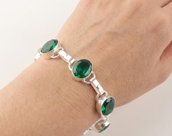 Emerald Sterling Silver Bracelet, 925 Silver Adjustable Chain, Green Gemstone Bracelet, Dainty Stackable Jewelry, Gift for Her