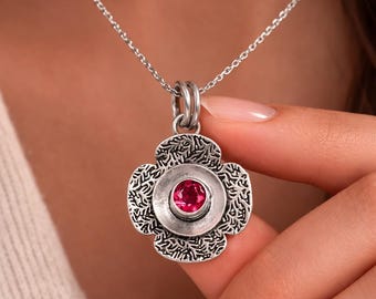 Natural Pink Tourmaline Gemstone Pendant Necklace: Oxidized Sterling Silver Flower Jewelry Gift