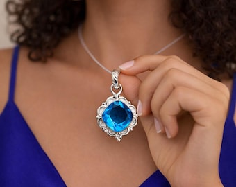 Swiss Blue Topaz Pendant Necklace, 925 Sterling Silver Gemstone Jewelry