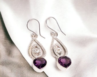 Rare Amethyst Natural Earrings, Purple Drop & Dangle Earrings, 925 Sterling Silver Jewelry, Engagement Gift, Earrings For Mother