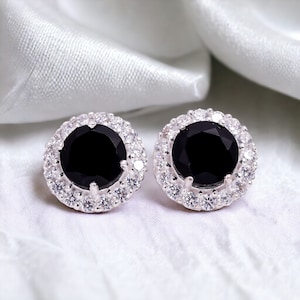 Black Onyx Stud Earrings, Round-Cut with Halo in Sterling Silver, Minimalist Birthstone Jewelry, Elegant Everyday Earrings, Gift for Her
