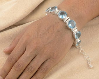 Sky Blue Topaz Gemstone Bracelet, Sterling Silver Adjustable Jewelry for Women Anniversary Gift For Her