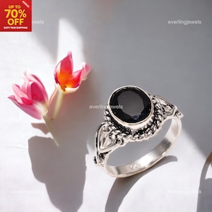 Natural Black Onyx Ring- Vintage Solid 925 Sterling Silver Jewelry