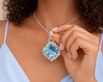 Natural Sky Blue Topaz Gemstone Pendant, 925 Sterling Silver Wedding Gift
