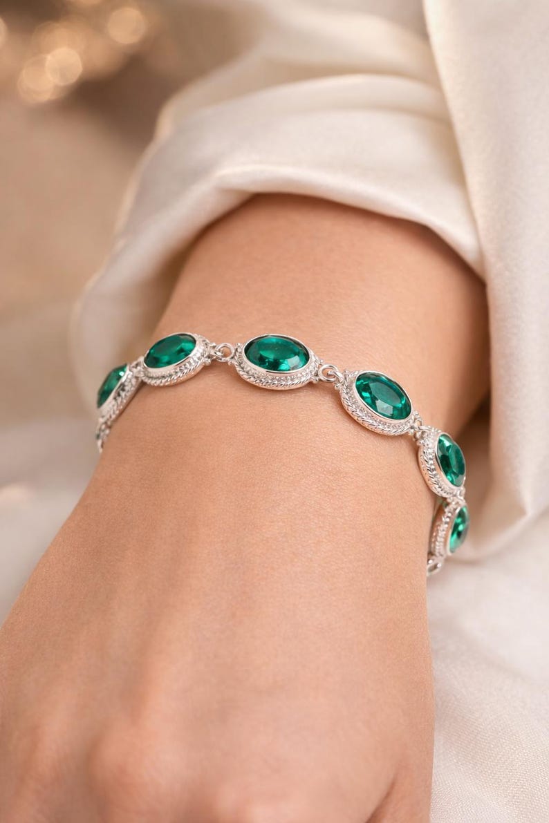 Emerald Gemstone Bracelet, 925 Sterling Silver, May Birthstone Gift image 5
