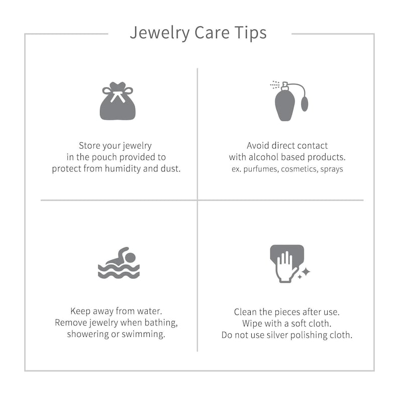 May include: Jewelry care tips graphic with four sections. The first section advises storing jewelry in a pouch to protect from humidity and dust. The second section advises avoiding contact with alcohol-based products. The third section advises keeping jewelry away from water. The fourth section advises cleaning jewelry with a soft cloth.