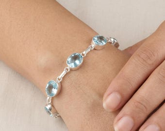 Sky Blue Topaz Gemstone Bracelet: Handmade Sterling Silver Women Birthstone Jewelry Gift