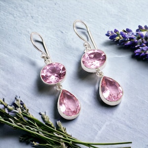 Pink Kunzite Gemstone Earrings: 925 Sterling Silver Dangle Jewelry
