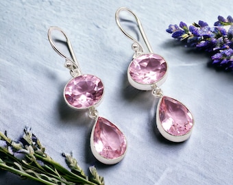 Exquisite Pink Kunzite Gemstone 925 Solid Silver Earrings, Faceted Stone Earrings, Statement Jewelry, Dangle Earrings Set, Wedding Gift