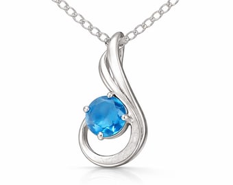 Swiss Blue Topaz Pendant Necklace, 925 Sterling Silver, Round Cut Blue Gemstone, December Birthstone Gift for Her