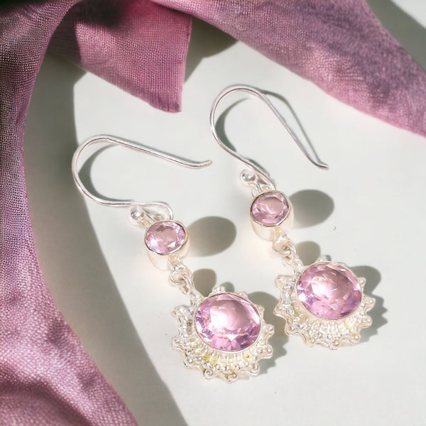 Rare Pink Amethyst Earrings, Gemstone Earrings, Pink Drop & Dangle Earrings, 925 Sterling Silver Jewelry, Birthday Gift, Earrings For Mother