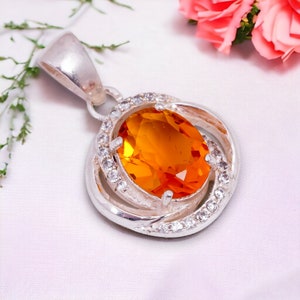 Elegant Citrine Gemstone Floral Pendant Handmade Beauty 925 Silver Necklace, CZ Diamond Pendant, Statement Pendant, Birthday Gift, For Love