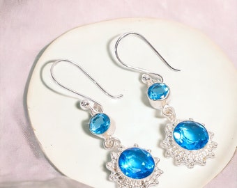 Rare Swiss Blue Topaz Earrings, Blue Drop & Dangle Earrings, 925 Sterling Silver Jewelry, Engagement Gift, Earrings For Mother