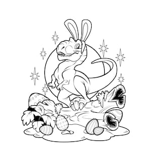 Könnte beinhalten: Eine Schwarzweiß-Zeichnung eines Dinosauriers mit Hasenohren, der auf einem Baumstamm steht, mit Ostereiern, die um ihn herum verstreut sind.