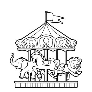 Könnte beinhalten: Eine Schwarzweiß-Zeichnung eines Karussells mit einem Elefanten, einem Pferd und einem Löwen. Das Karussell hat ein Verdeck mit einer Flagge oben drauf.