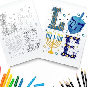Imprimable Love Hanukkah / Jewish Art Print / Chanukah Digital Download / Menorah Dreidel Coloring Page / Jewish Holiday Gift