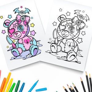 Pastel Goth Coloring Page / Creepy Teddy Bear Digital Download / Scary Kawaii Bear Downloadable PDF