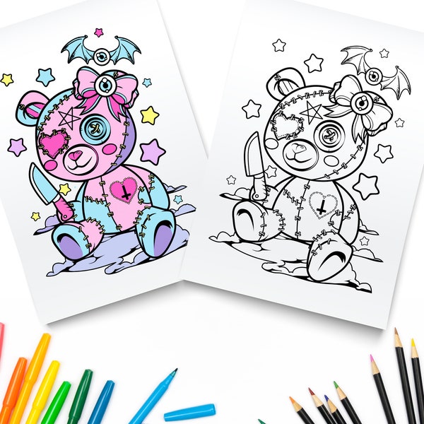 Pastel Goth Coloring Page / Creepy Teddy Bear Digital Download / Scary Kawaii Bear Downloadable PDF