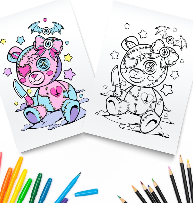 Pastel Goth Coloring Page / Creepy Teddy Bear Digital Download / Scary Kawaii Bear Downloadable