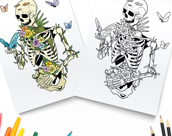 Printable Fairycore Skeleton / Skeleton And Flowers / Digital Download / Vintage Goth Coloring Page