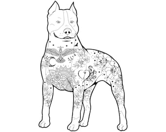 Printable Pitbull With Really Cool Tattoos / Digital Download / Pit Bull Art / Dog Coloring Pages