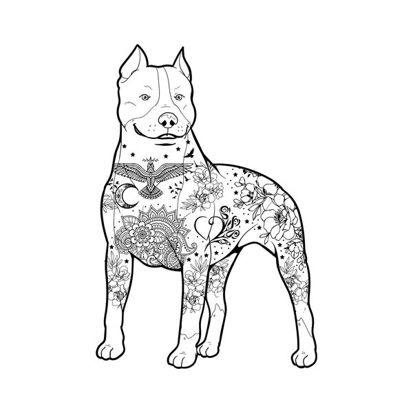 Printable Pitbull With Really Cool Tattoos / Digital Download / Pit Bull Art / Dog Coloring Pages