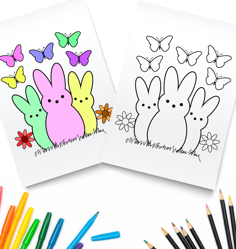 Easter Coloring Pages Printable / Easter Bunny / Digital Download / Peeps Coloring Page / Easter Activities / Easter Coloring Book image 1