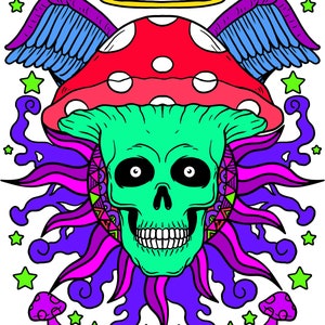 May include: A psychedelic illustration of a green skull wearing a red and white mushroom with angel wings. The skull has large black eyes and a toothy grin. The mushroom is surrounded by a colorful halo and stars.