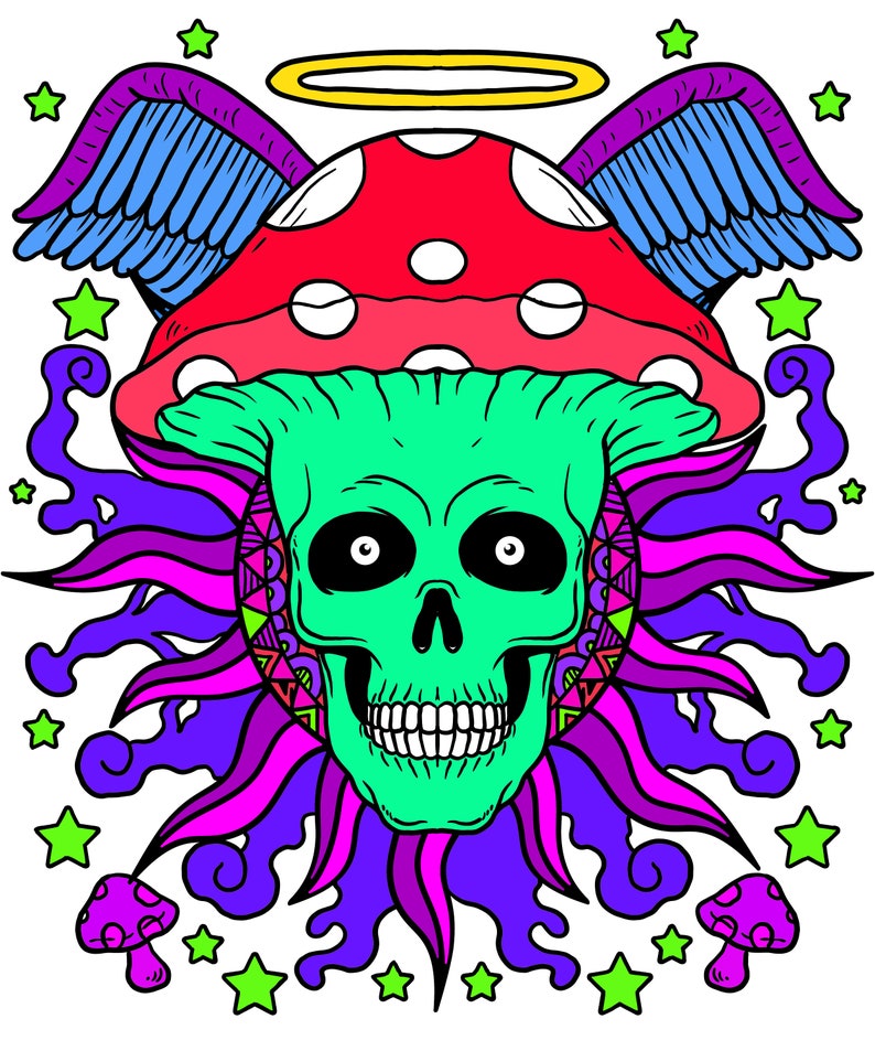 May include: A psychedelic illustration of a green skull wearing a red and white mushroom with angel wings. The skull has large black eyes and a toothy grin. The mushroom is surrounded by a colorful halo and stars.