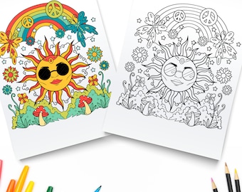 Hippie Printable Coloring Pages / Sun Rainbow Digital Download / Trippy Coloring Book