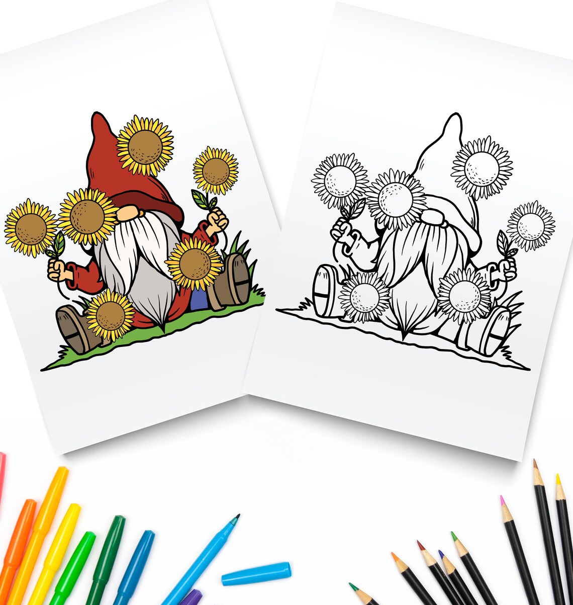 Sunflower Gnome Coloring Page / Garden Gnome Digital Download / Cute ...