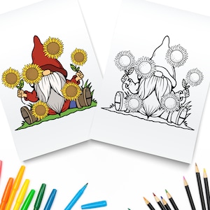 Página para colorir de gnomo de girassol / Download digital de gnomo de jardim / PDF para impressão de verão fofo