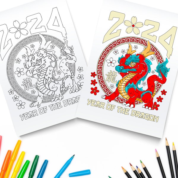 2024 New Year Coloring Page / Digital Download / Chinese Dragon PDF / Downloadable Art / Chinese Zodiac Dragon Print / Chinese New Year