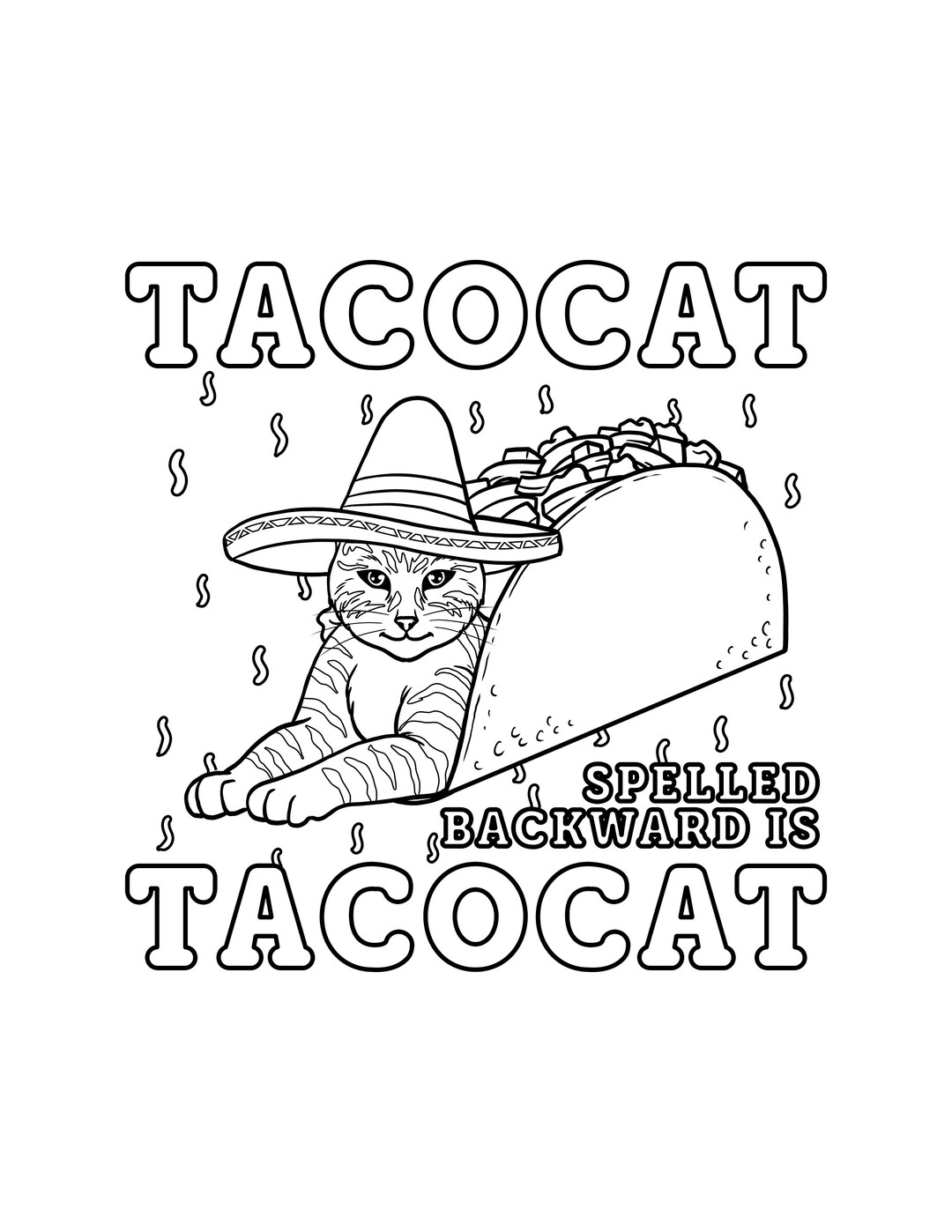 Taco Cat Spelled Backward is Taco Cat Coloring Page / Digital Download