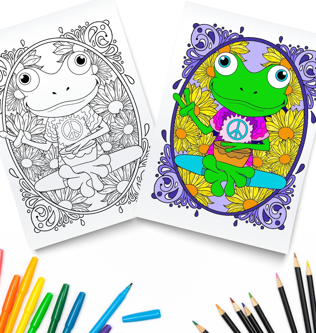 Trippy Frog Coloring Page / Peace Hand Sign Printable / Digital ...