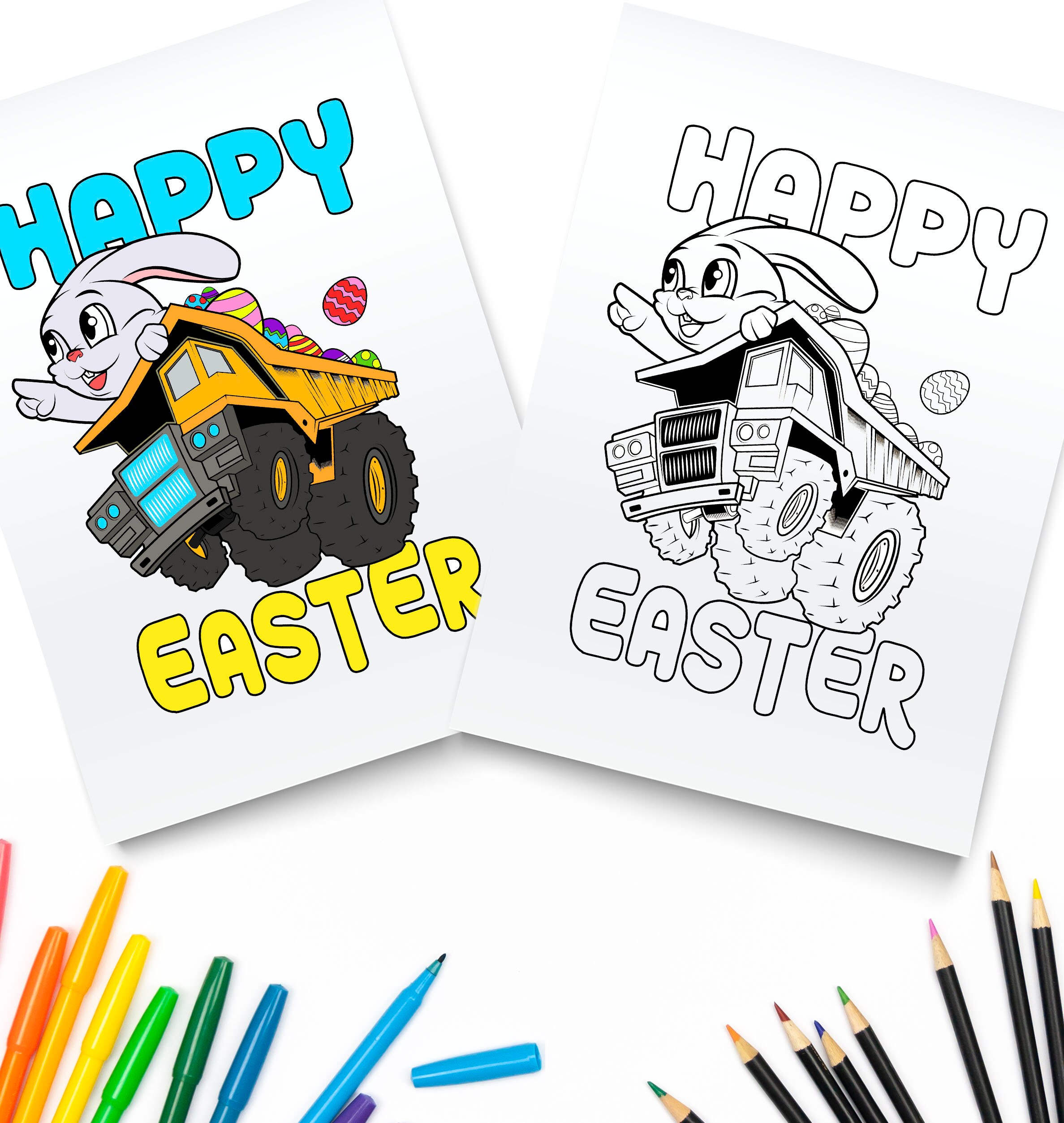 Happy Easter Coloring Pages Printable / Easter Truck Bunny / - Etsy