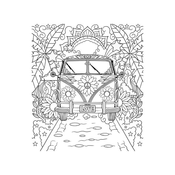 Printable Hippie Peace Love Van / Digital Download / Camper Van Art / Hippie Van Coloring Page