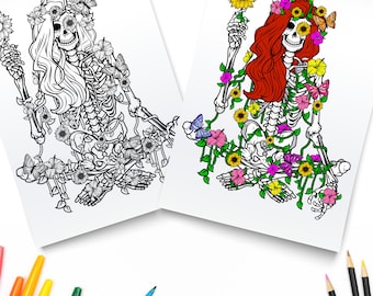 Skeleton Coloring Page / Halloween Coloring / Hippie Coloring Download / Digital Coloring PDF
