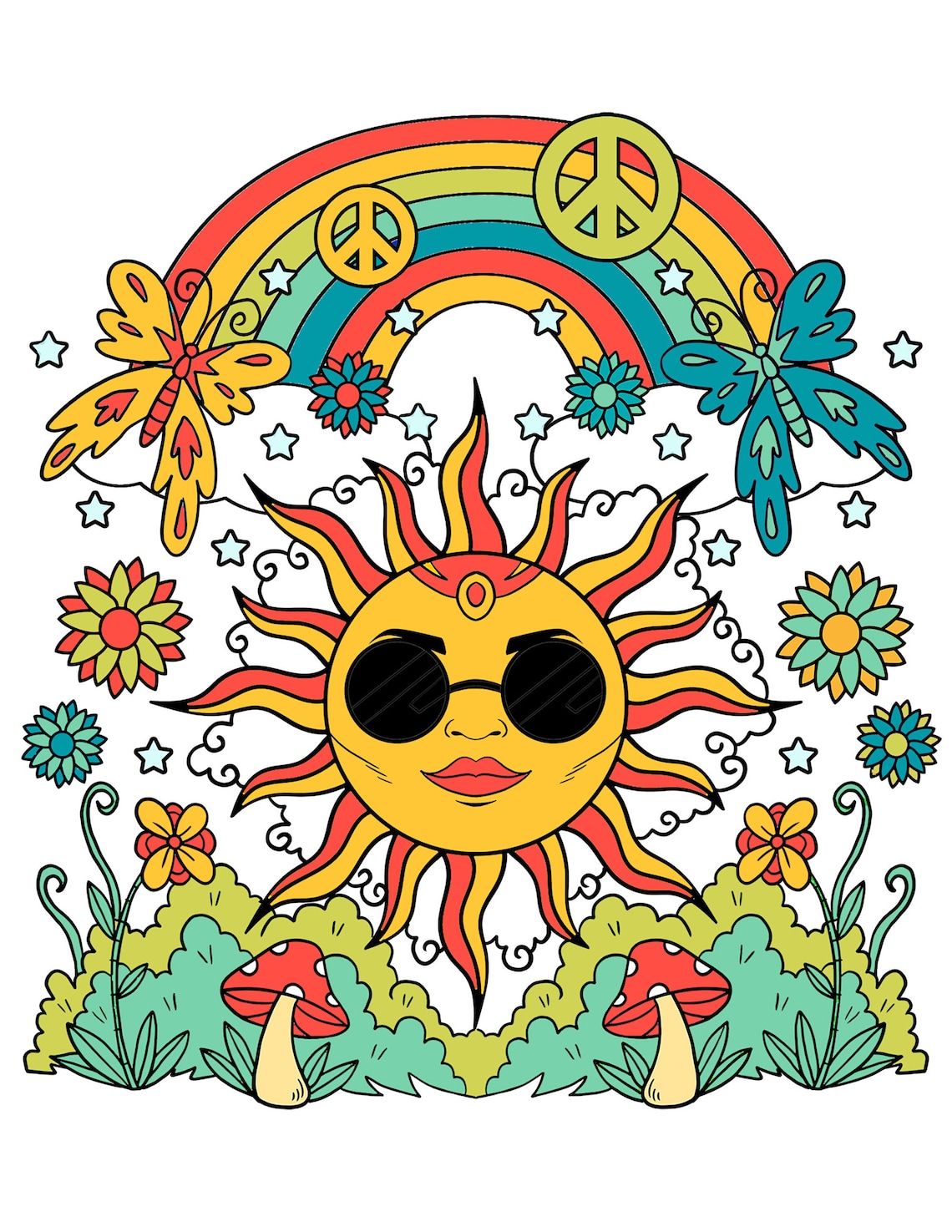 Hippie Sun Printable Coloring Pages / Digital Download / Etsy