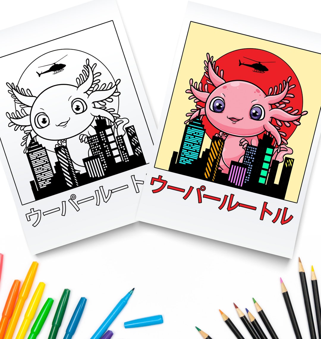 Cute Axolotl Coloring Page / Digital Download / Axolotls Kawaii Kids