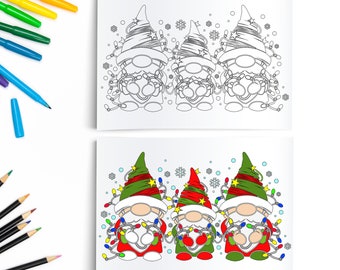 Página para colorear de gnomos de Navidad / Descarga digital / Impresión de gnomos de Navidad PDF / Arte descargable / Amante de los gnomos