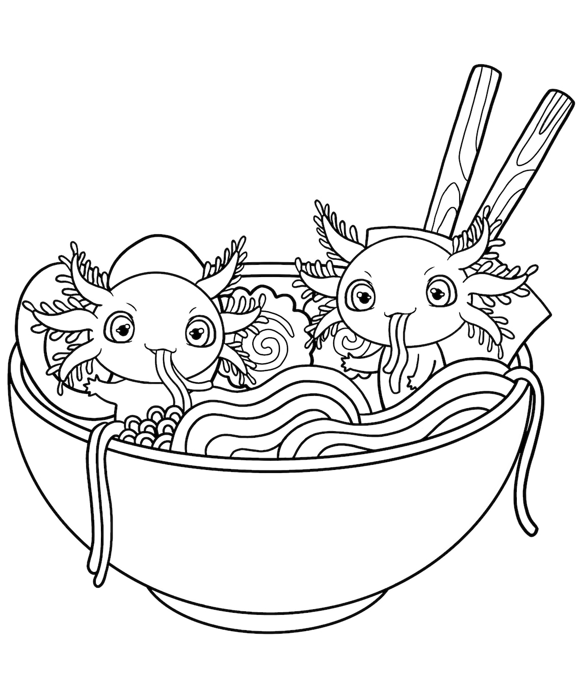 Cute Axolotl Coloring Page / Ramen Digital Download / Axolotls Kawaii