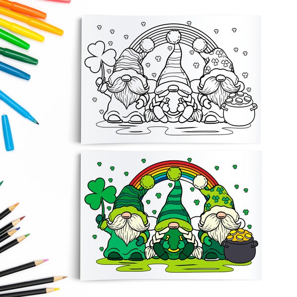 St Patricks Printable Coloring / Lucky Gnomes Downloadable / Kids St Pattys Digital Download Coloring Page