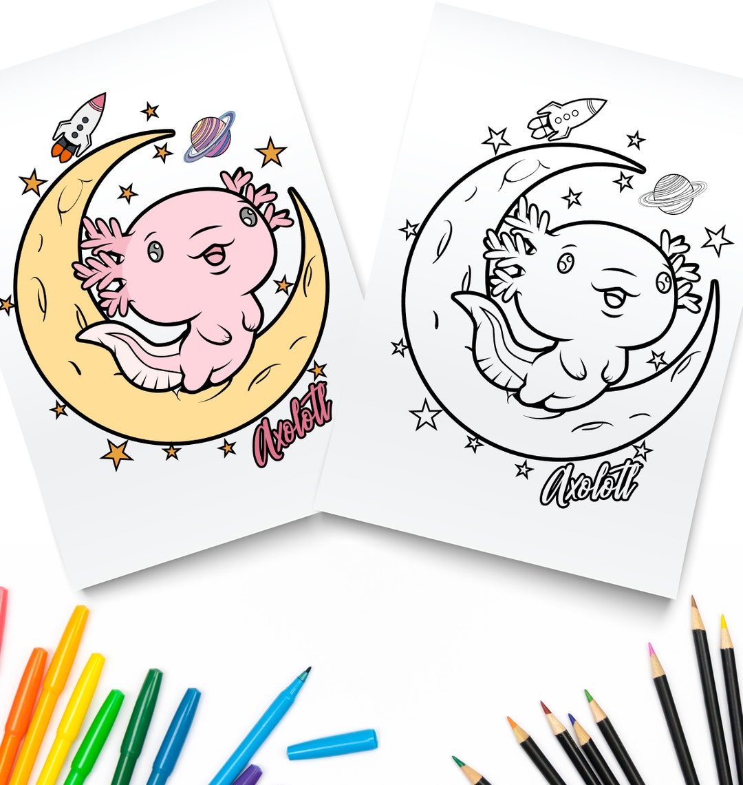 Cute Axolotl Coloring Page / Digital Download / Axolotls Kawaii Kids