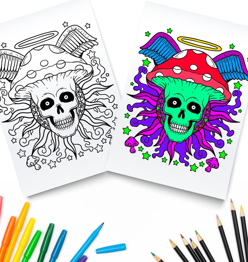 May include: A coloring book page with a black and white illustration of a skull wearing a mushroom hat with wings and a halo. The other page shows the same illustration colored in with green, red, purple, and blue.