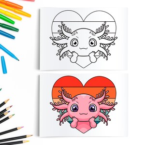 May include: A coloring page featuring a cute axolotl in a heart shape with a striped background. The axolotl is shown in both a black and white outline and a pink and purple color scheme.