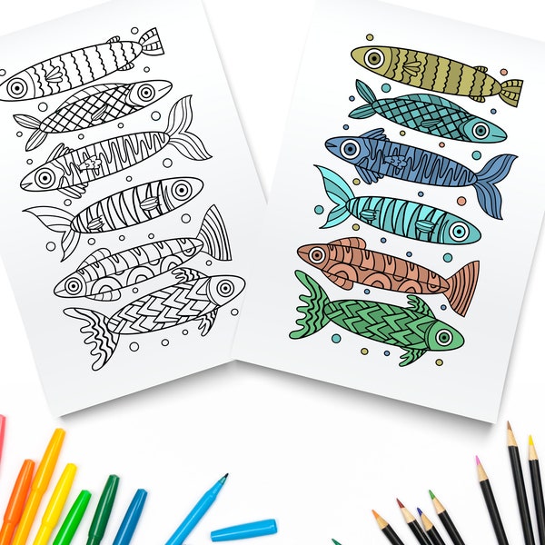 Fishing Printable Wall Art / Digital Download / Fish Coloring Page