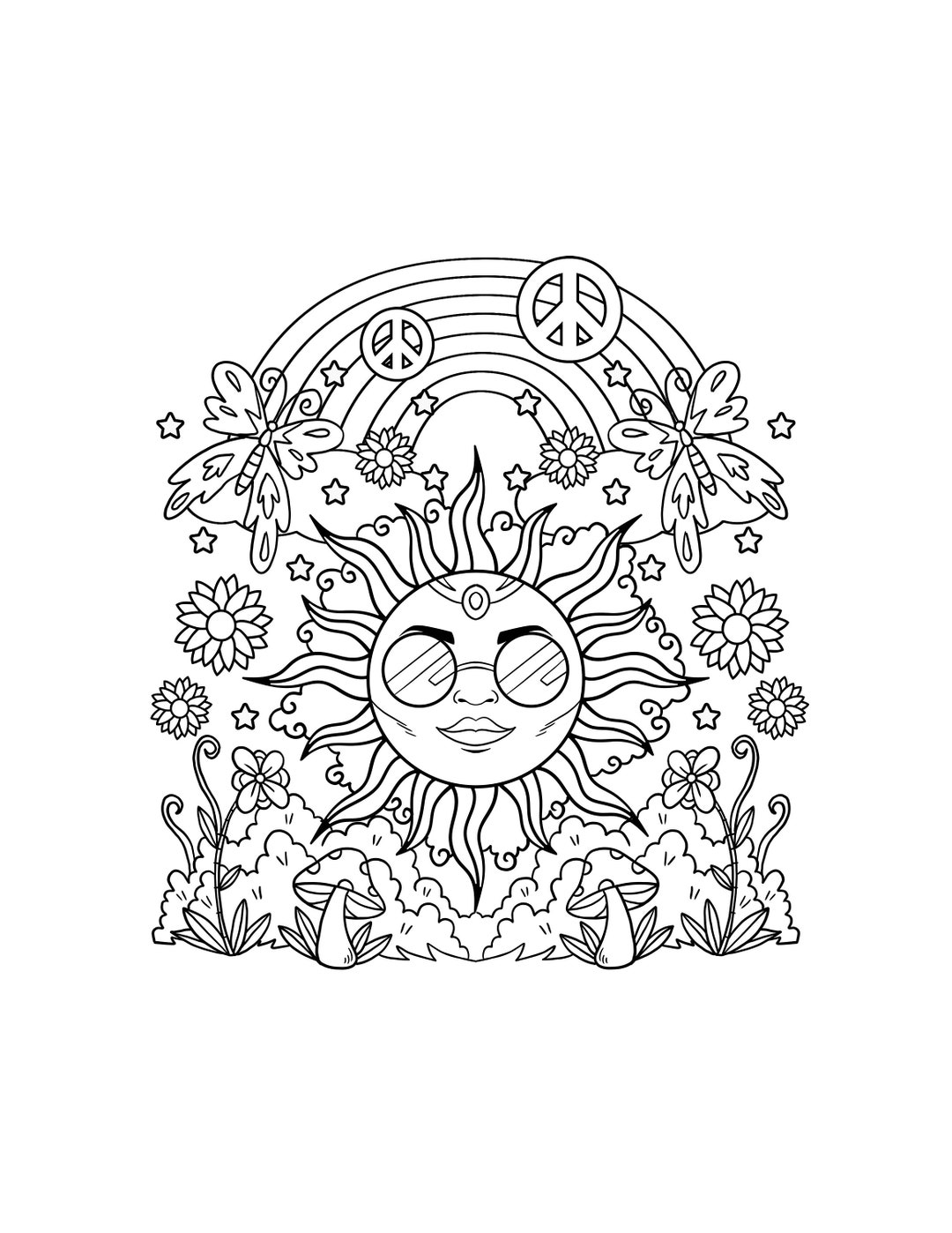 Hippie Sun Printable Coloring Pages / Digital Download / Etsy