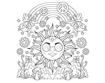 Hippie Sun Printable Coloring Pages / Digital Download / Trippy Coloring Book